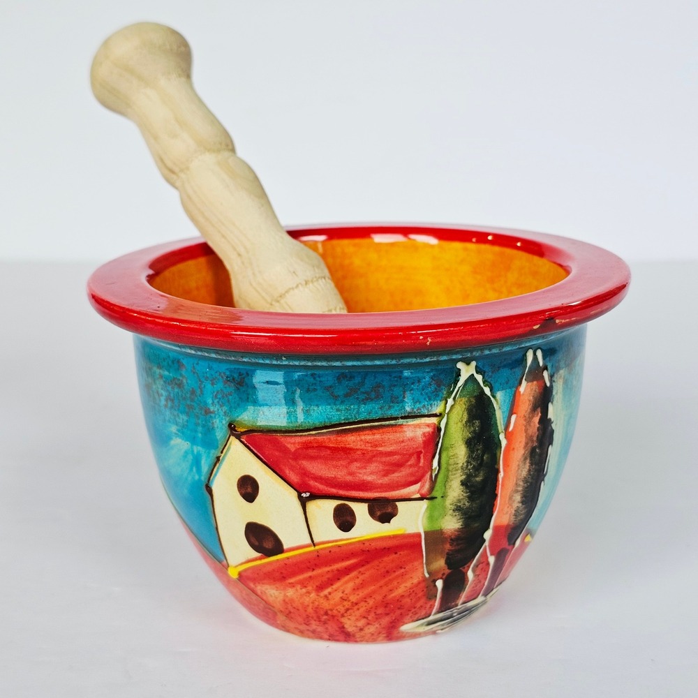 Hand Painted Ceramic Mortar and Pestle Set Mediterranean Landscape Tuscan Decor